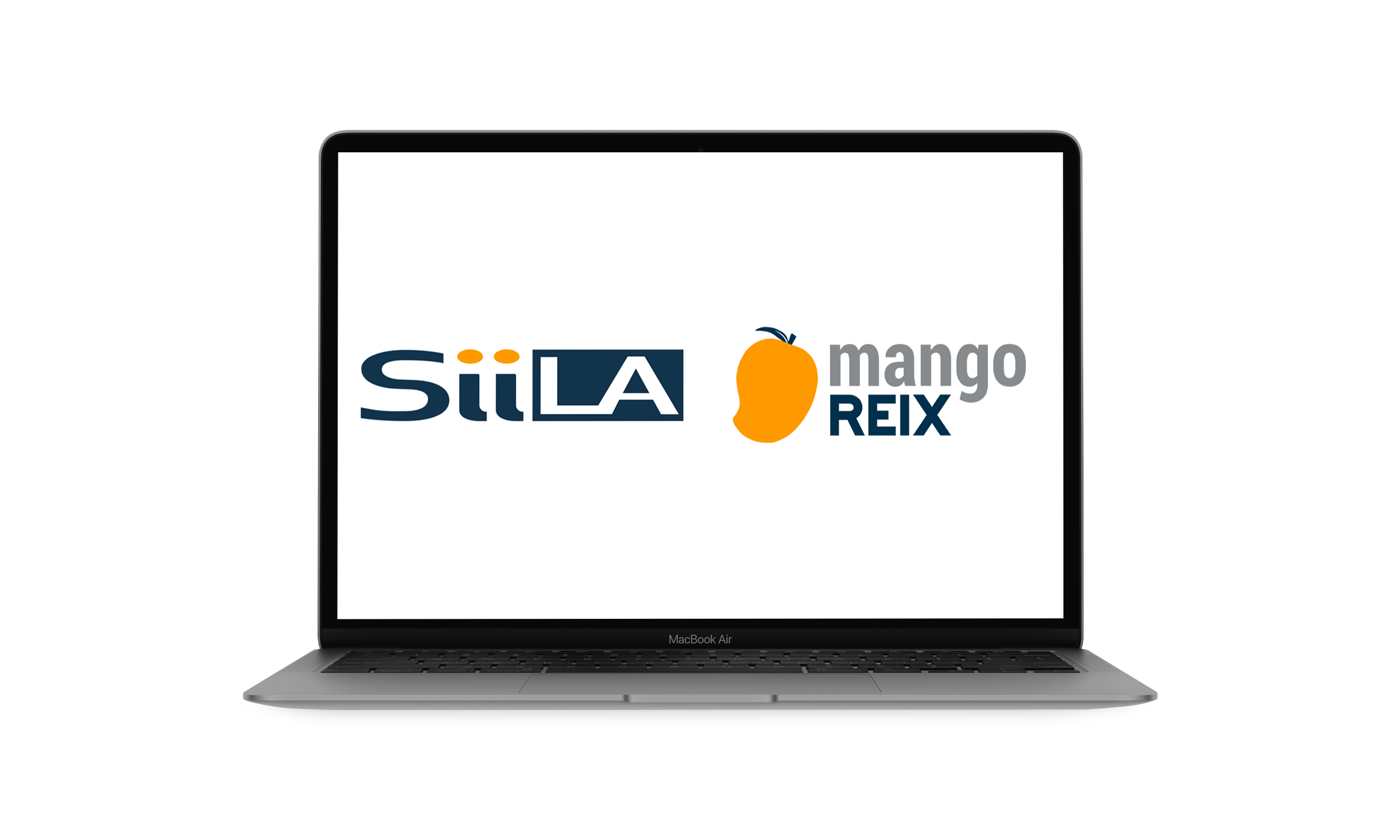 Laptop con Logotipo de SiiLA en los Colores Azul y Naranja y Logotipo de Mango REIX en Color