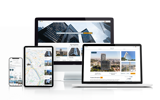 SiiLA SPOT Platform Overview - Desktop, laptop, tablet, and mobile devices displaying various sections of the commercial real estate marketplace. Simplify your property search with SiiLA SPOT.